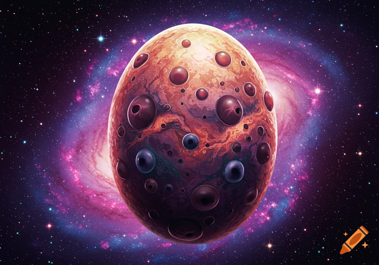 An egg-shaped alien planet covered in craters and depressions, set against a colorful galaxy and stars in space.