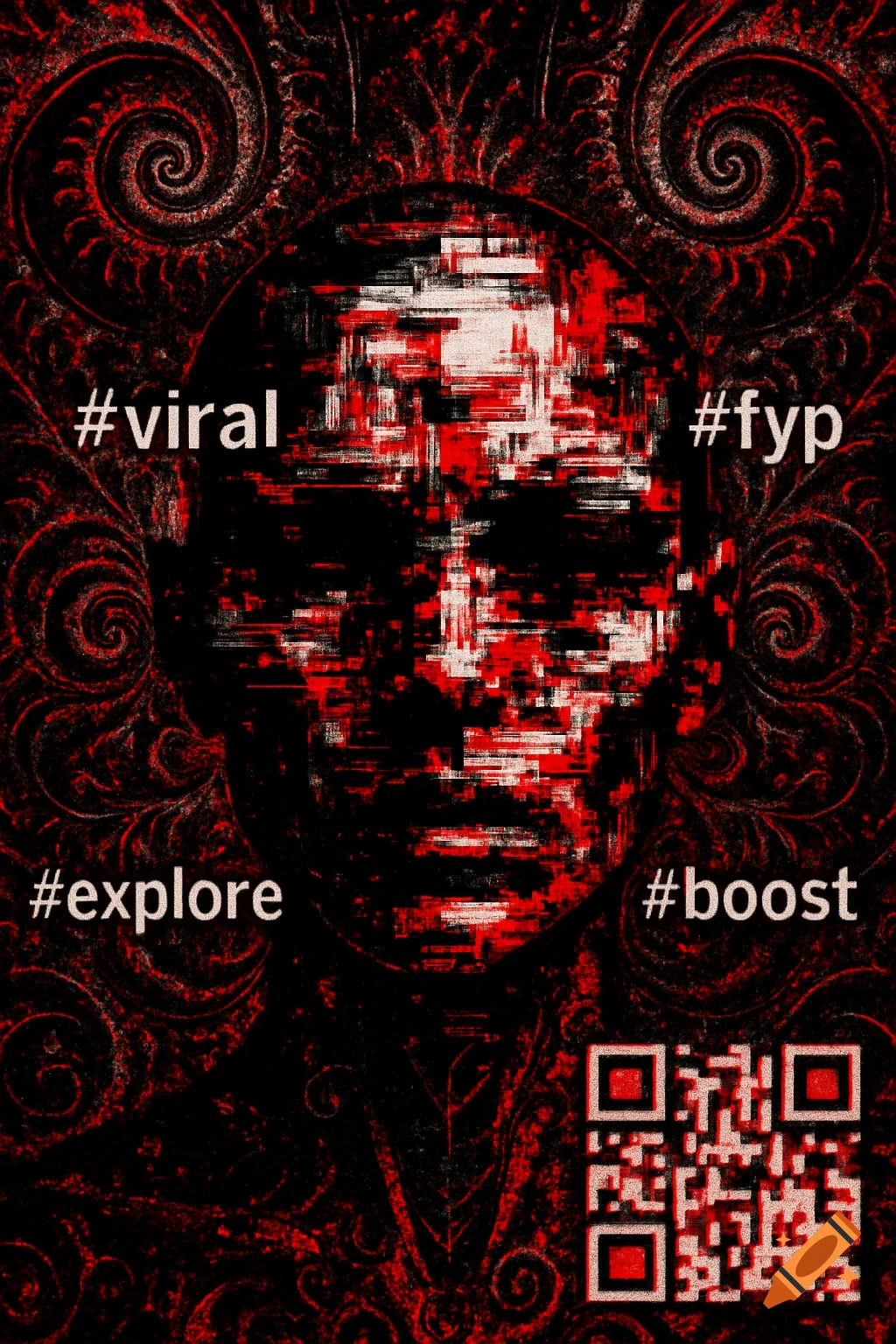 Abstract glitch art face with red and black distortion, featuring hashtags #viral, #fyp, #explore, #boost, and a QR code.