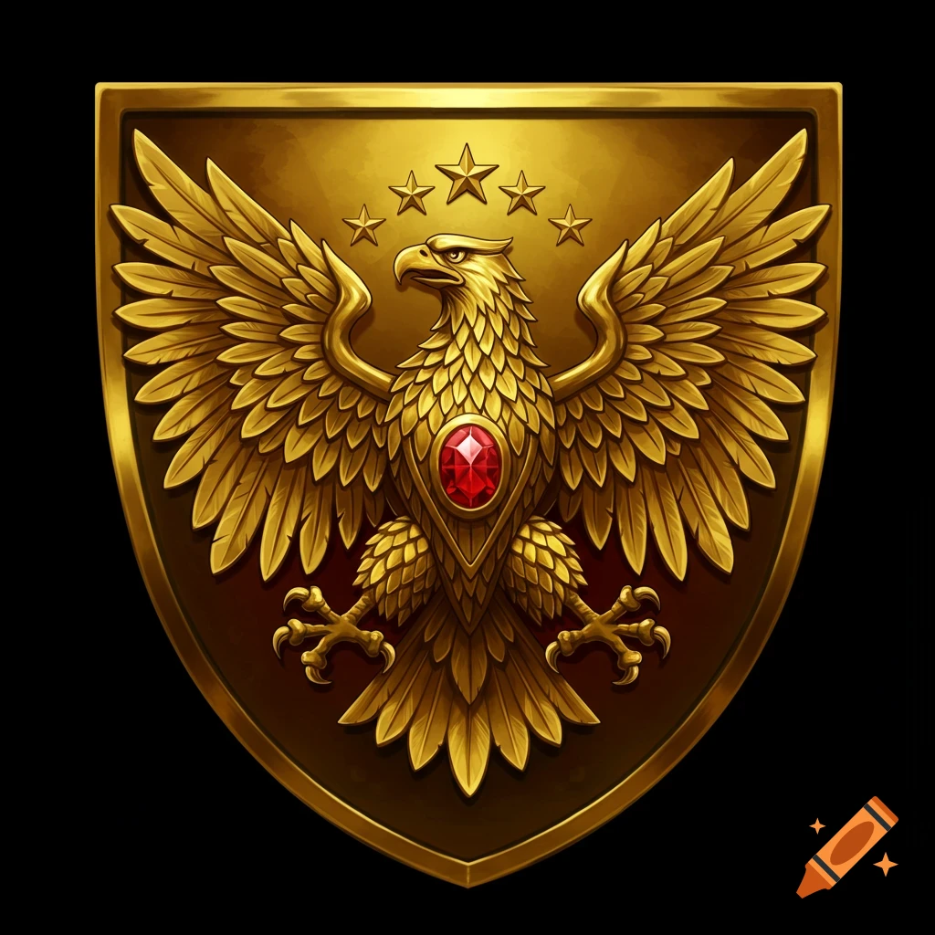 Detailed gold shield featuring a gold eagle with outstretched wings, a red gem on its chest, and five stars above its head.