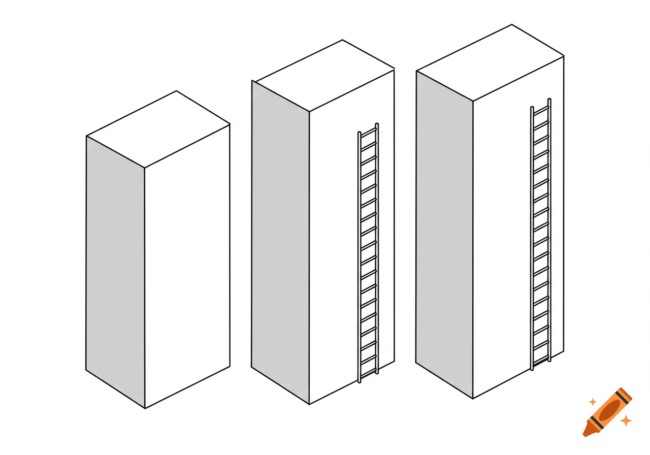 Line drawing of three tall geometric prisms, the middle and right ones having ladders.