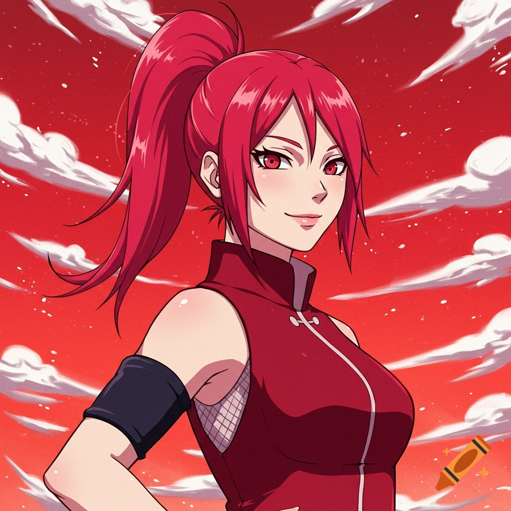 Anime portrait of a woman with red hair in a ponytail, wearing a red outfit, against a red sky with clouds.