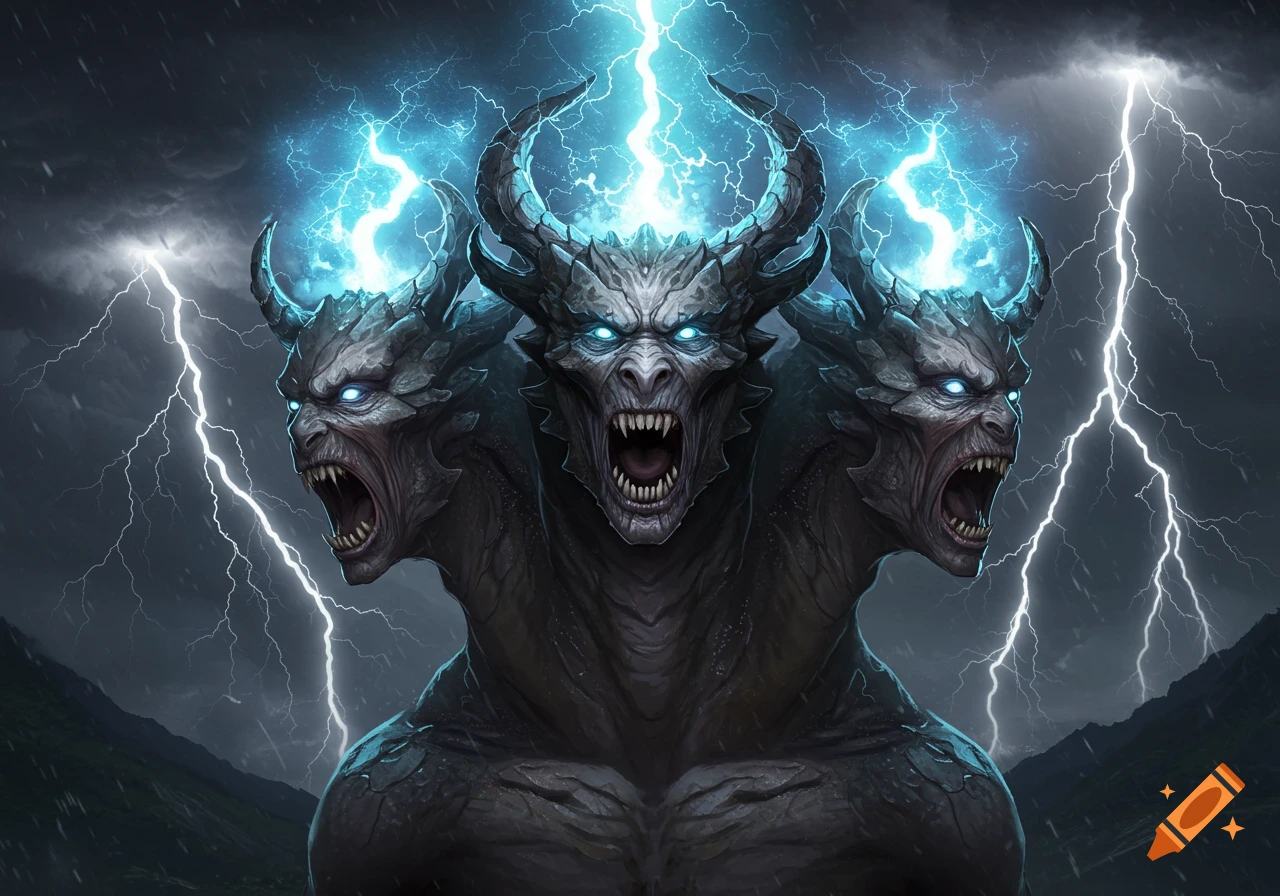 A terrifying three-headed monster with glowing blue eyes and lightning surging from its horns, standing in a thunderstorm.
