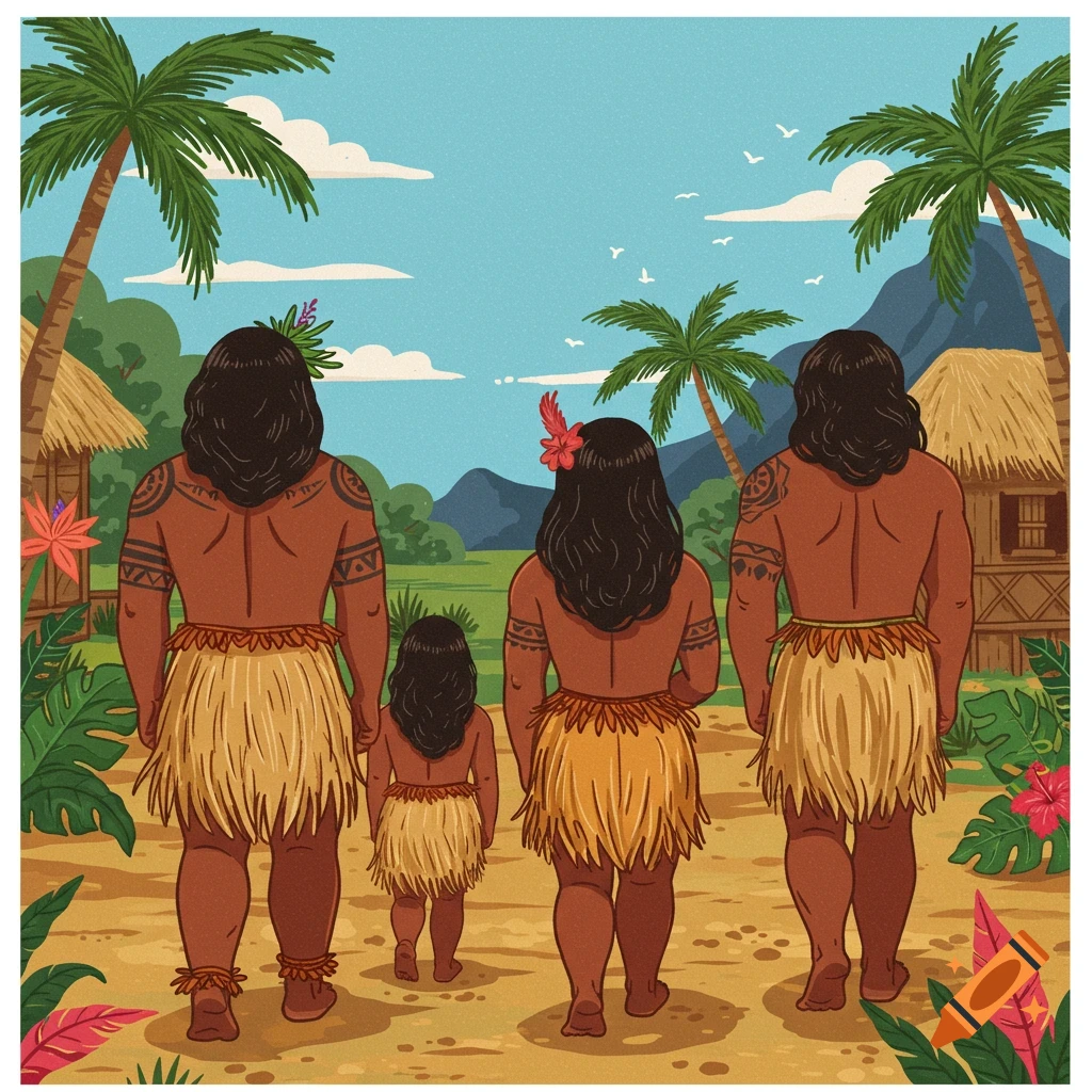 Cartoon of the backs of Polynesian villagers walking towards huts and palm trees in a tropical landscape.