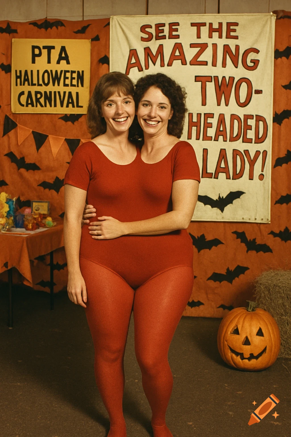 Two women dressed as a two-headed lady pose at a 1985 PTA Halloween carnival.