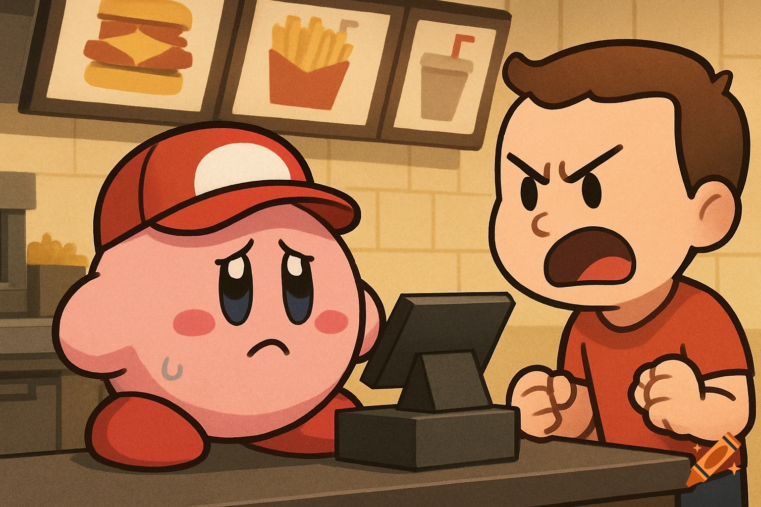 Kirby, wearing a red cap, looks sad behind a fast food cash register while an angry customer yells at him. Cartoon style.