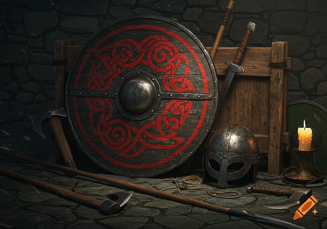 A Viking shield with a red knotwork pattern leans against a wooden rack, surrounded by a helmet, sword, axes, and spears.