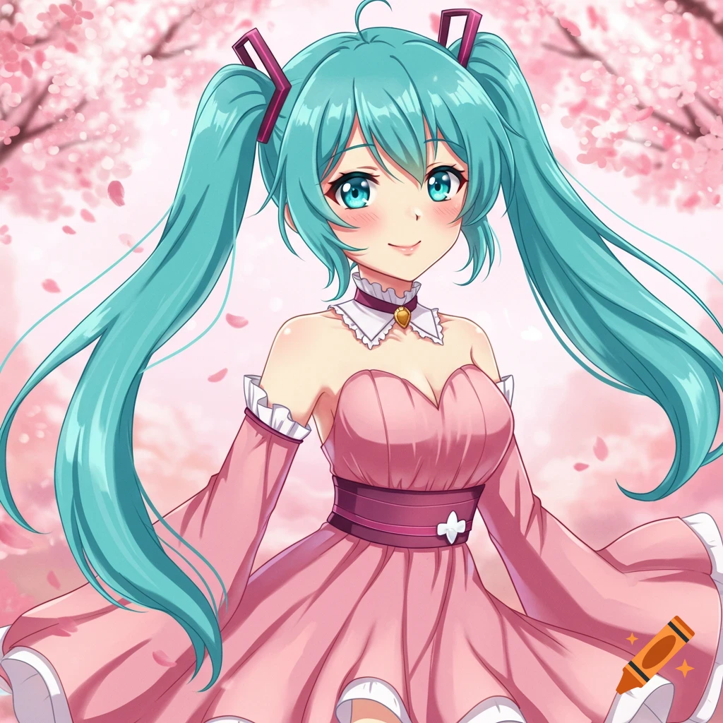An anime woman with blue pigtails in a pink dress stands among cherry blossoms.