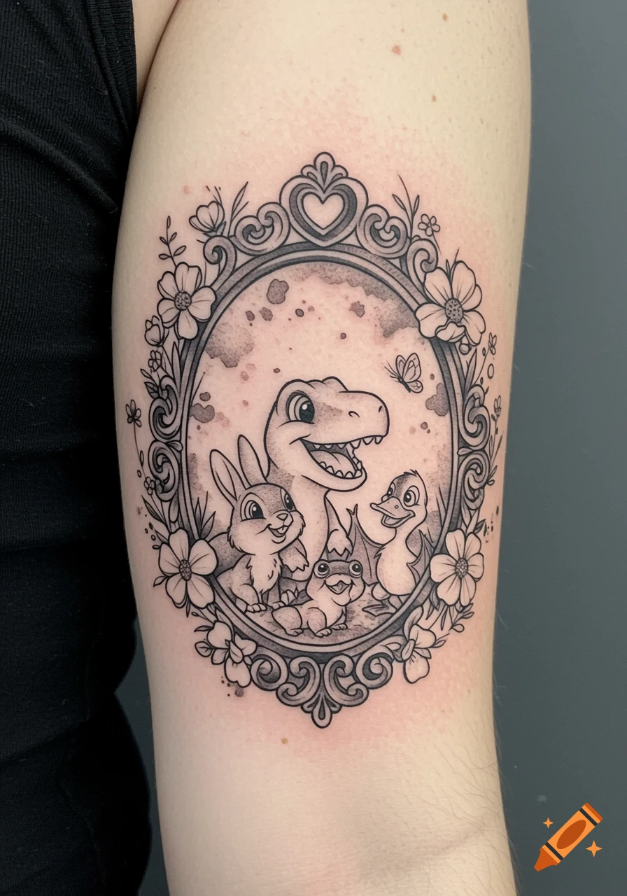Black and grey tattoo of a cartoon dinosaur, bunny, frog, and duck in a floral frame on an arm.