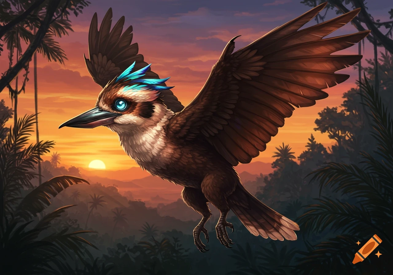 A fantasy kookaburra-bat hybrid creature flies against a jungle sunset.