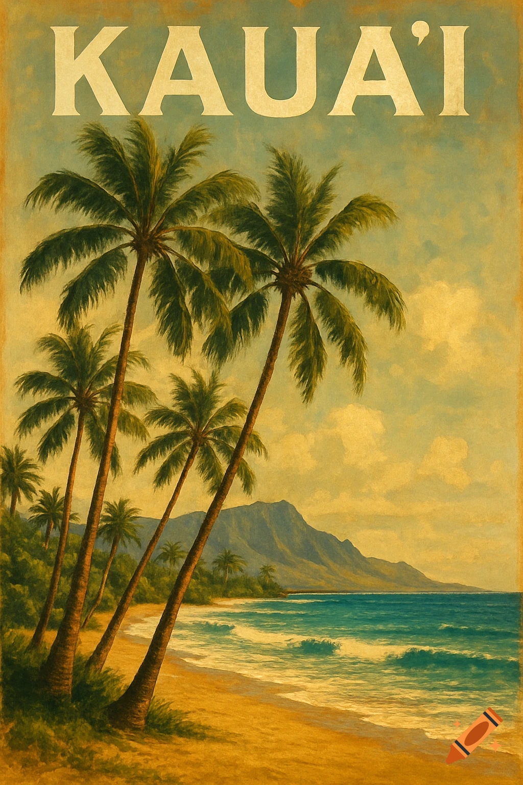 Vintage travel poster of a tropical beach with palm trees and mountains, text reads 'KAUA'I'.