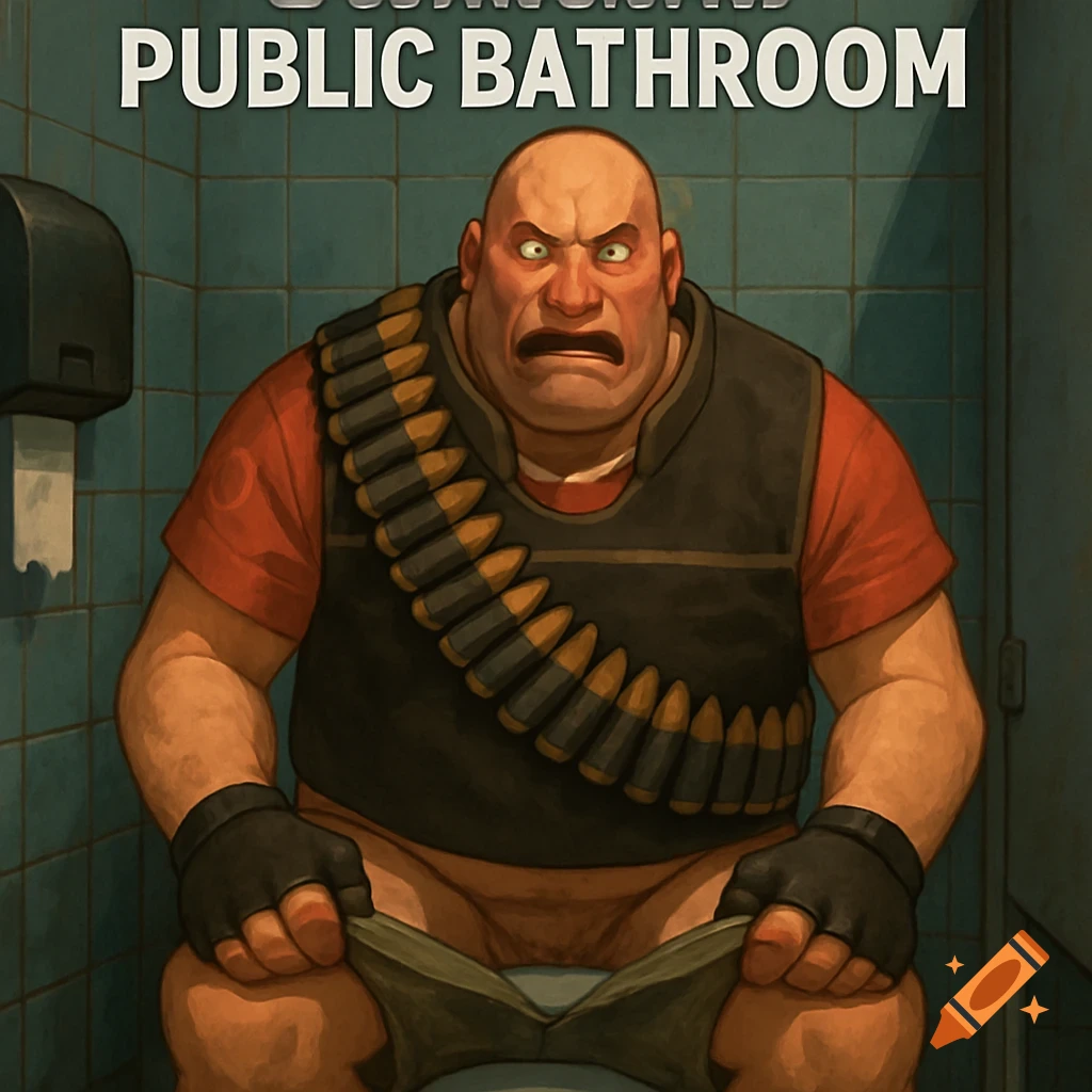 Team Fortress 2 character the Heavy sits on a toilet in a public bathroom, looking distressed. Text reads "PUBLIC BATHROOM".