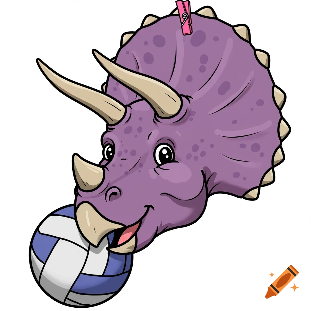 Cartoon triceratops head holding a volleyball with a clothespin