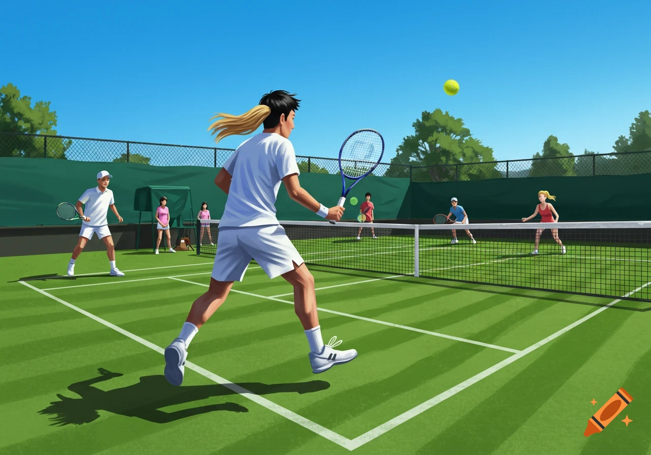 Illustration of people playing tennis on a green court under a blue sky.