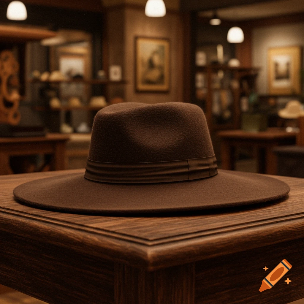 A brown hat rests on a wooden table in a blurry hat shop background.