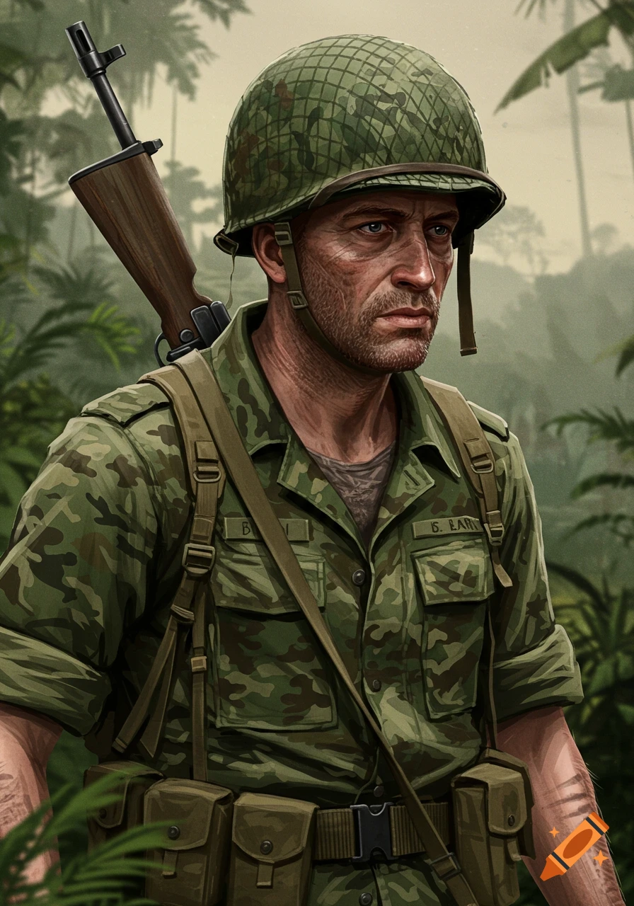 Portrait of a soldier in camouflage uniform carrying a rifle in a jungle.