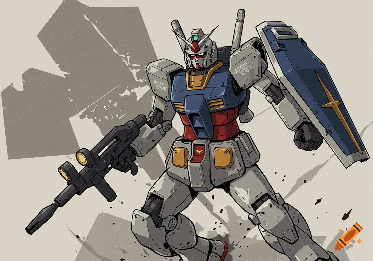 Illustration of a Gundam RX-78-02 mecha holding a rifle and shield in a stylized art style.