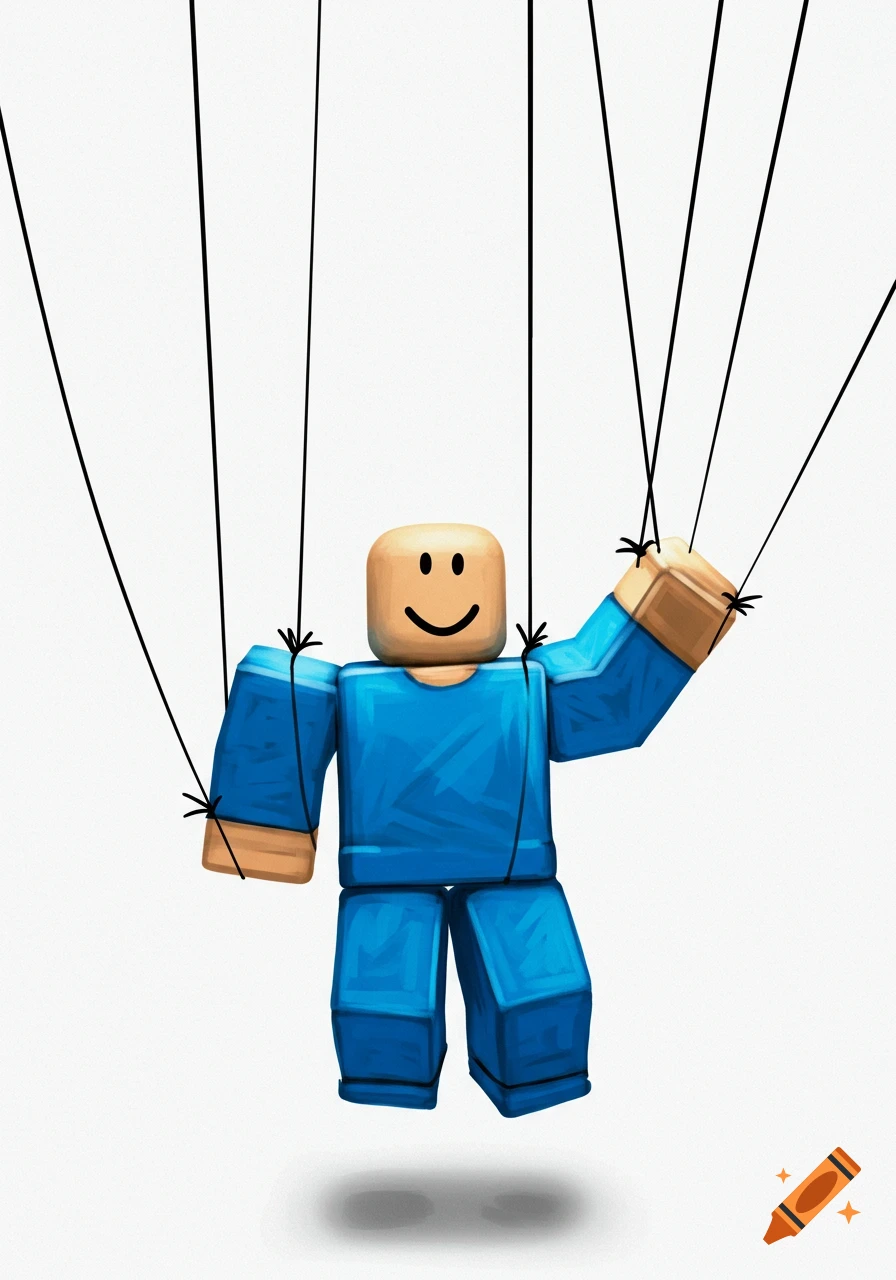 A Roblox noob character hangs from strings like a puppet.