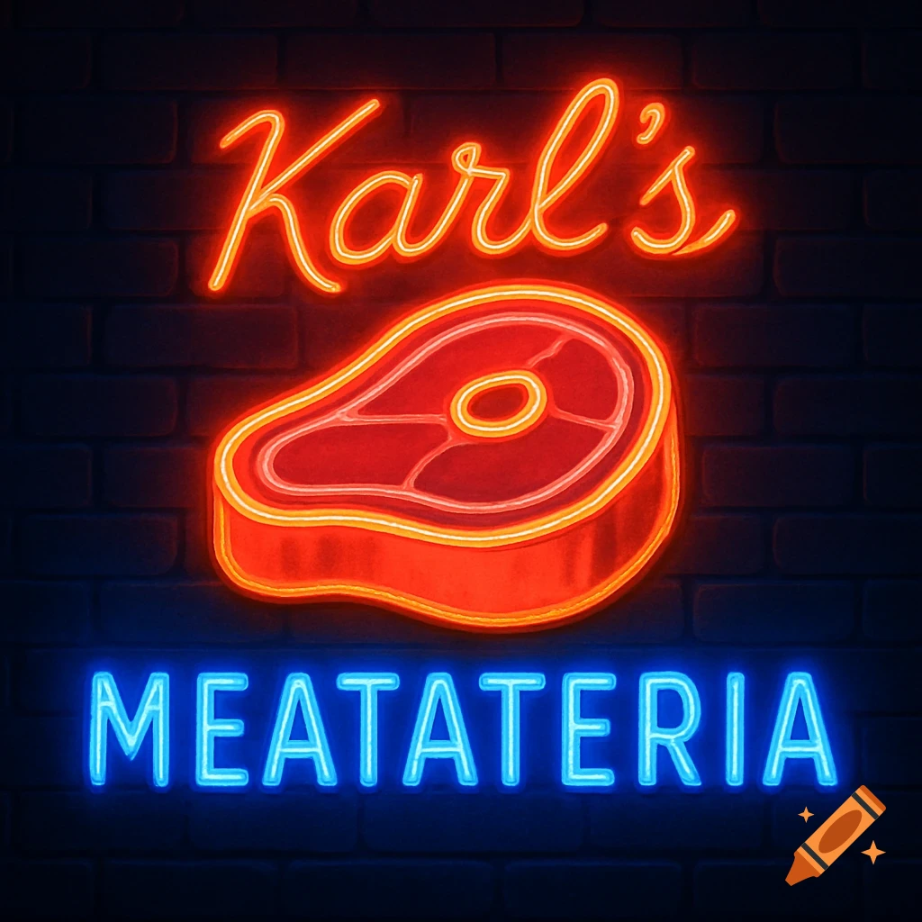 Neon sign for Karl's Meatateria featuring a steak graphic.
