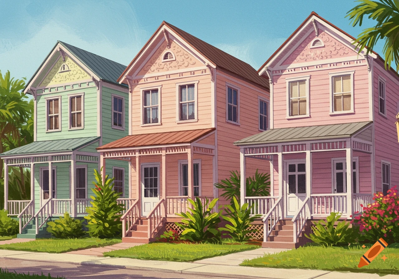 Illustration of three colorful tropical houses with porches and greenery under a blue sky.