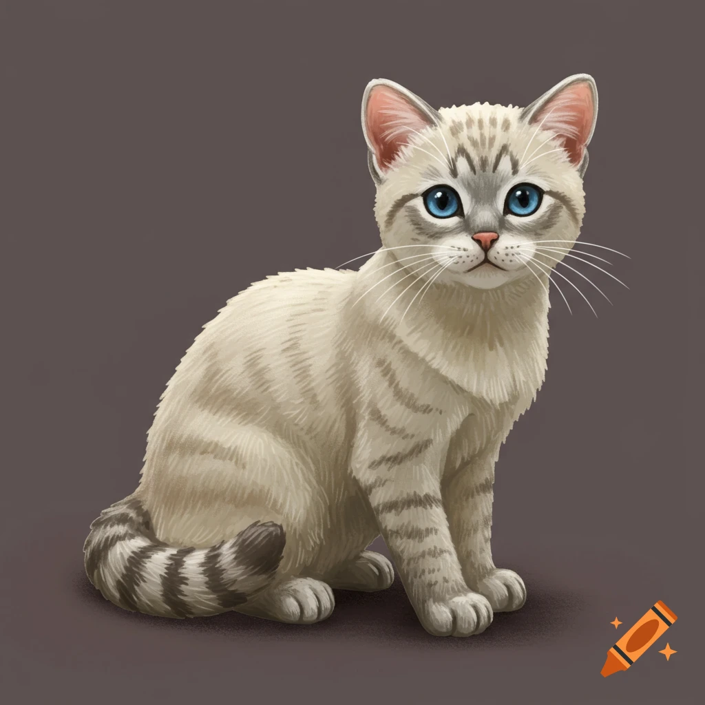 Illustration of a silver tabby cat with blue eyes sitting. on Craiyon