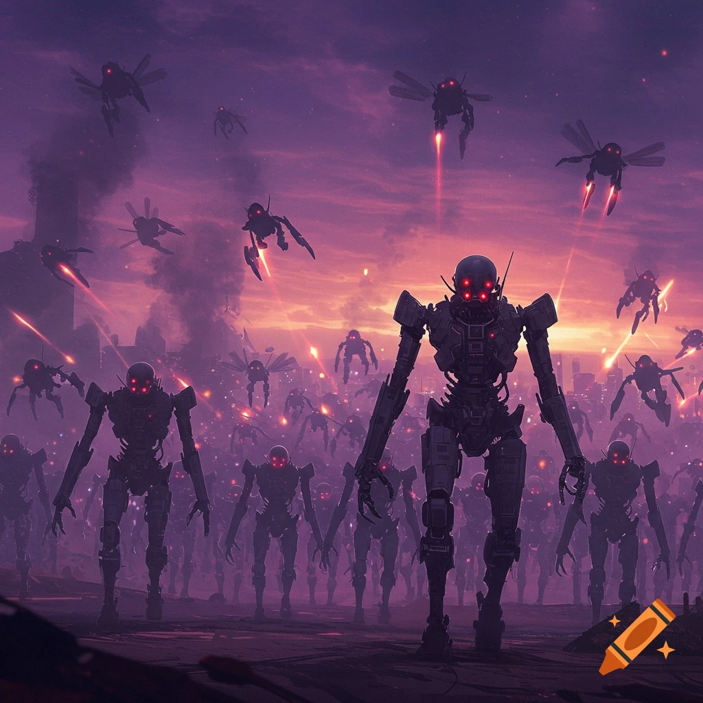 An army of dark robots with red eyes advances under a dramatic purple and orange sky, with smoke and flying drones.