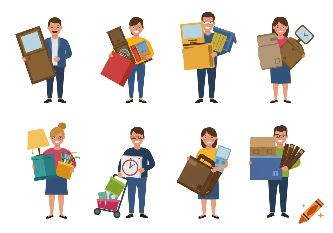 Cartoon illustration of several people holding boxes and household items.