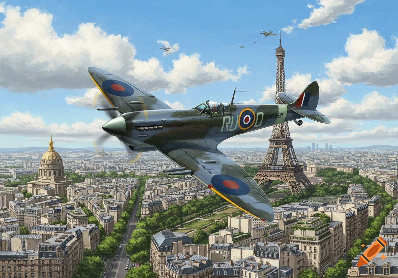 A Spitfire airplane flies over the city of Paris, with the Eiffel Tower visible.