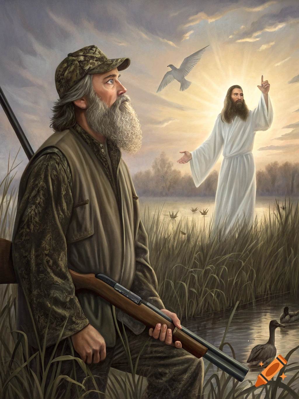 Painting of a duck hunter in a marsh looking towards a radiant figure resembling Jesus with a dove and ducks.