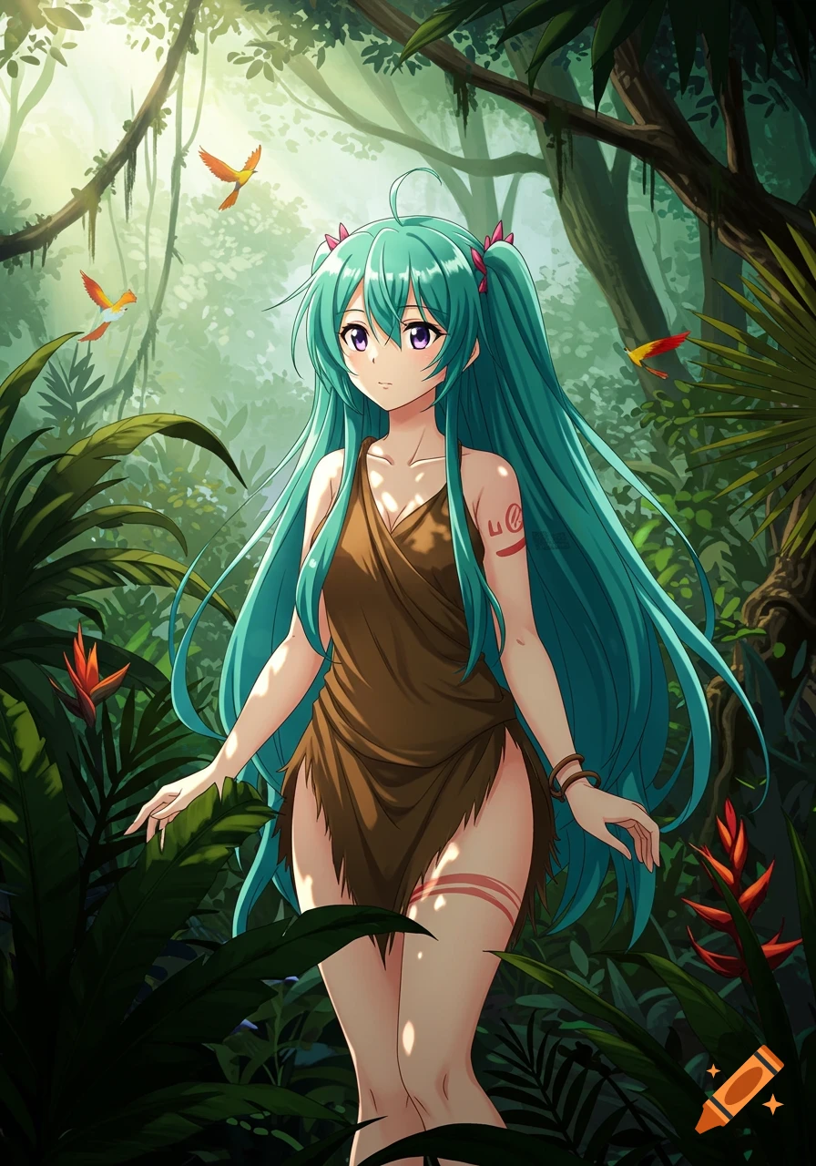 Anime woman in a jungle wearing a loincloth, with teal hair and birds