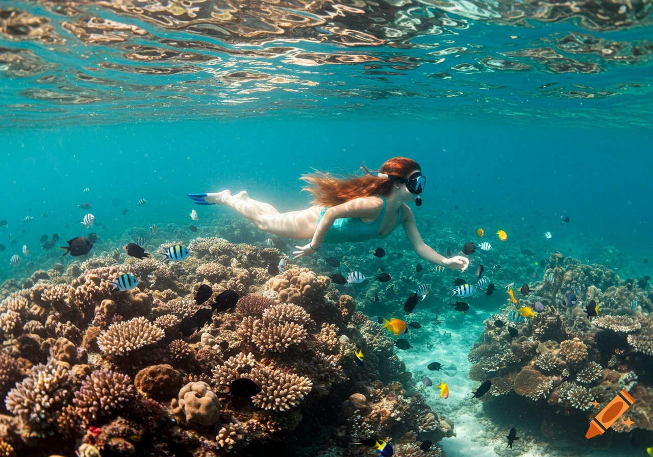 A woman with red hair swims underwater among coral and tropical fish.