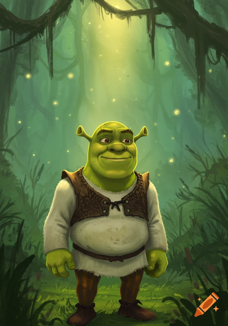 Shrek stands in a glowing forest, illustration