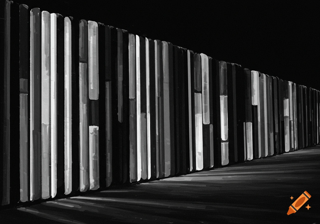 Black and white illustration of vertical bars with light and shadows.