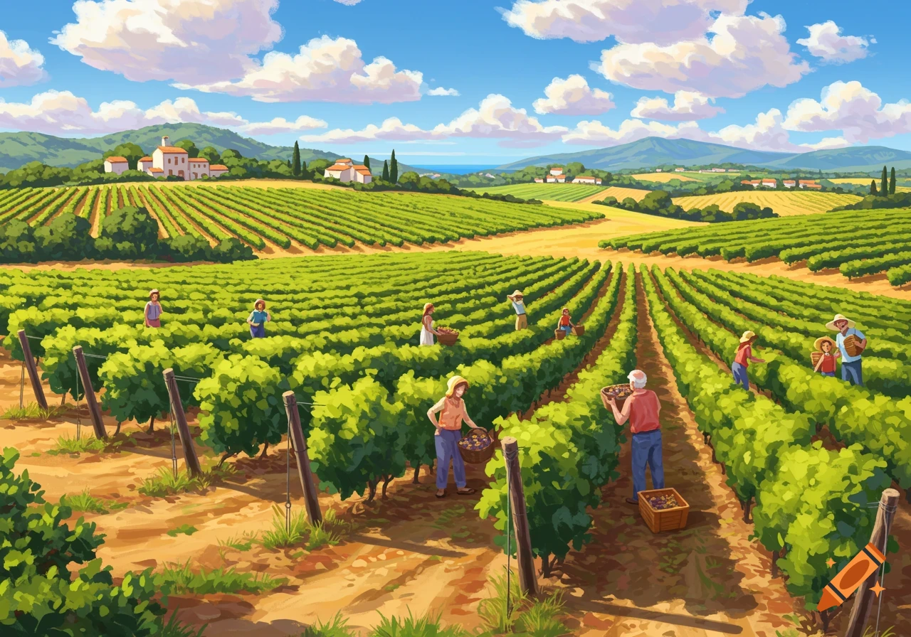 A painting of people harvesting grapes in a sunny vineyard landscape with distant buildings and mountains.