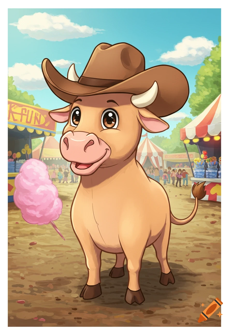 Cartoon bull wearing a cowboy hat stands at a fair midway with cotton candy.