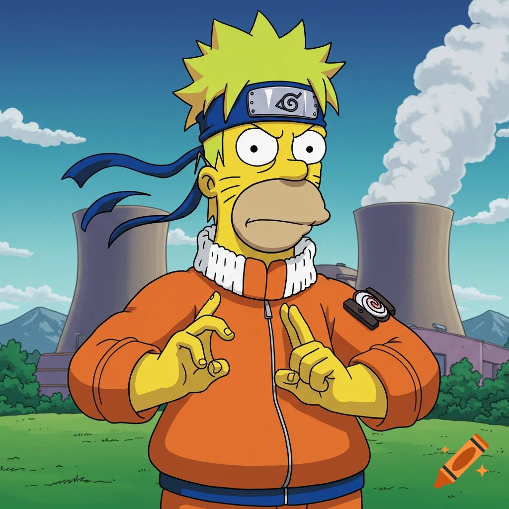 Homer Simpson dressed as Naruto doing hand signs in front of the Springfield Nuclear Power Plant.