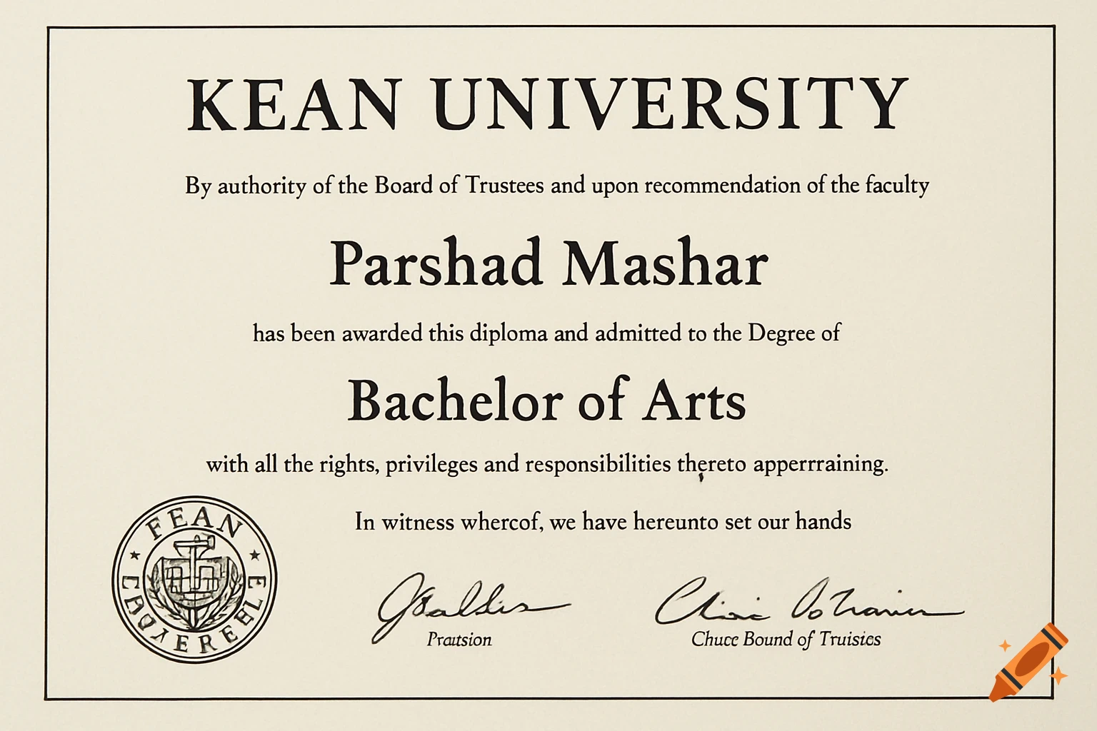 A diploma from Kean University awarded to Parshad Mashar.