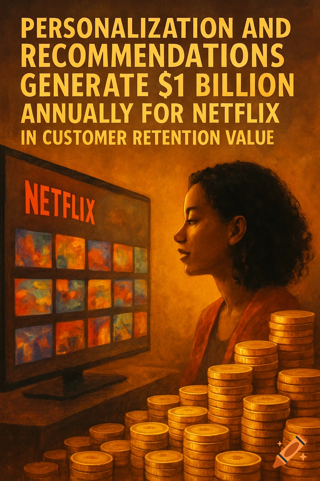 Painterly illustration of a woman watching a Netflix screen, surrounded by stacks of gold coins, illustrating customer retention value.