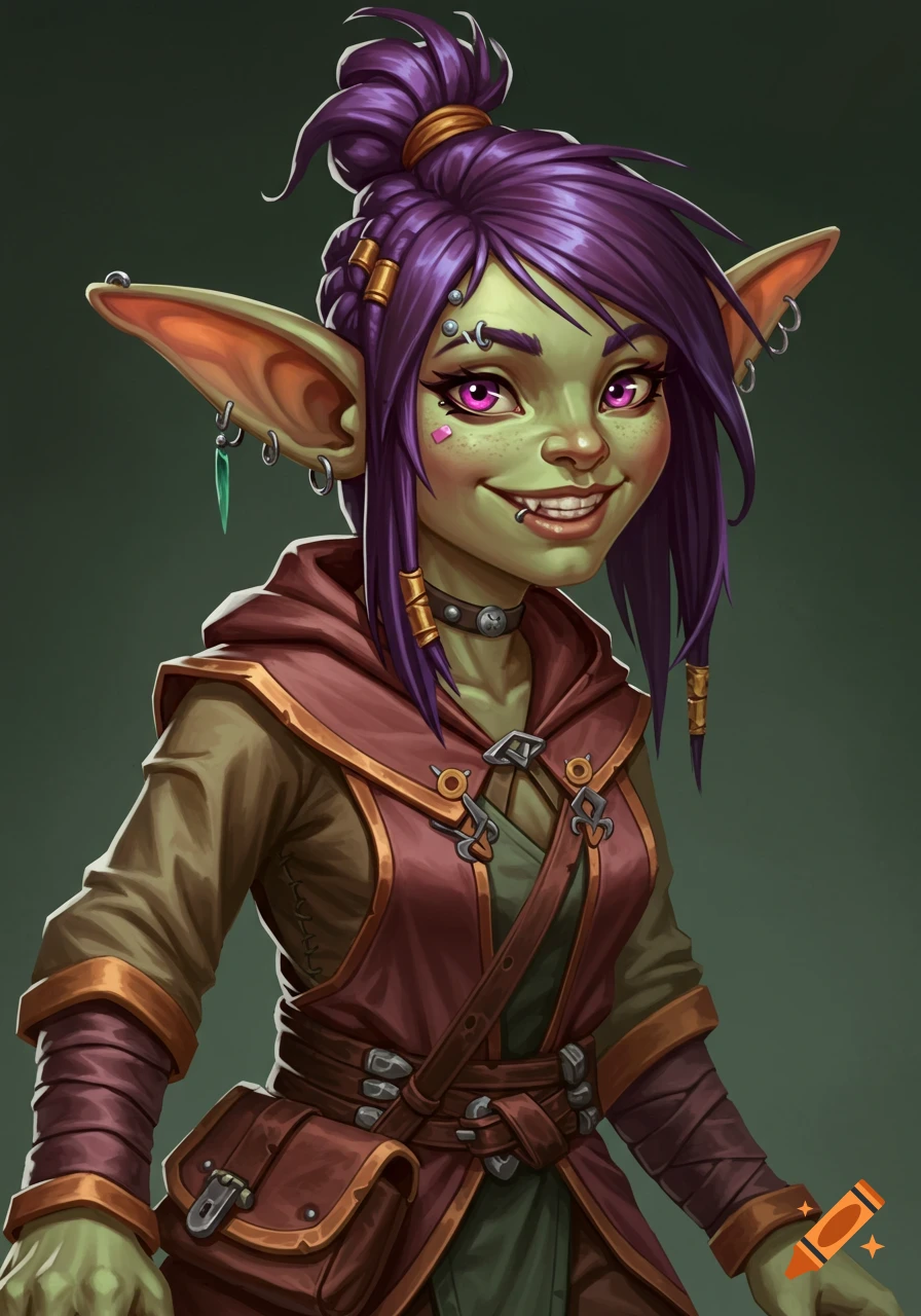 Digital painting portrait of a mischievous goblin girl with purple hair, many piercings, and sharp teeth, wearing a hooded vest.