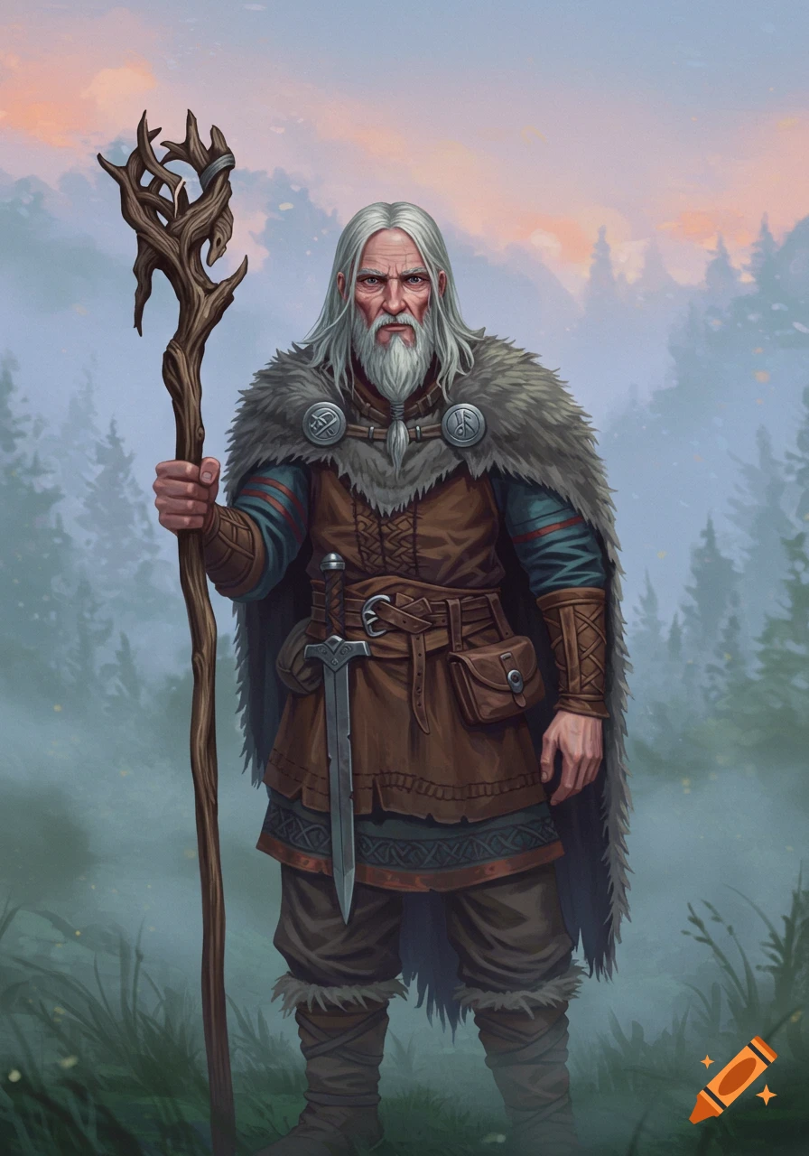 An old man with gray hair and beard, dressed in Viking-style clothing, holds a staff and stands in a misty forest.