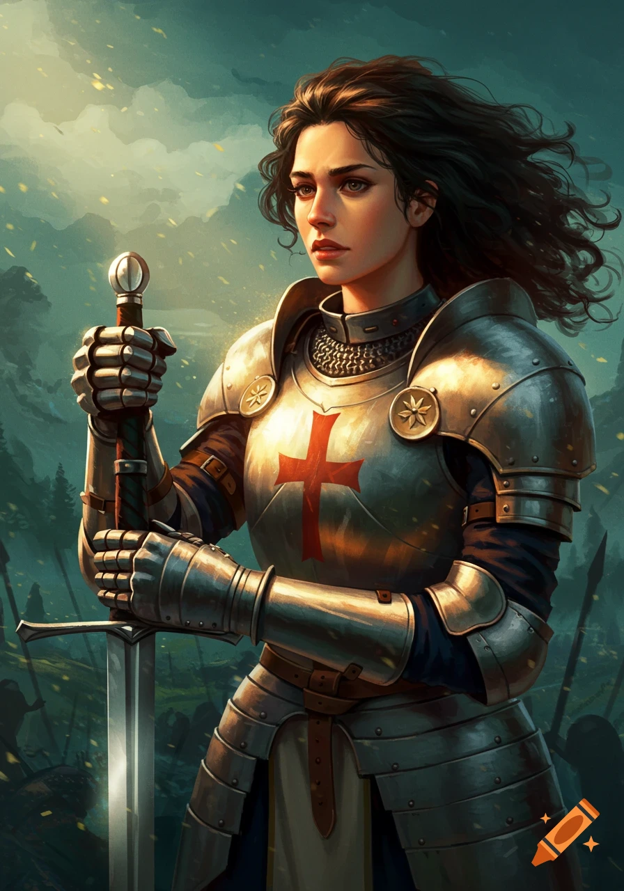 A woman in knight armor holds a sword on a battlefield.