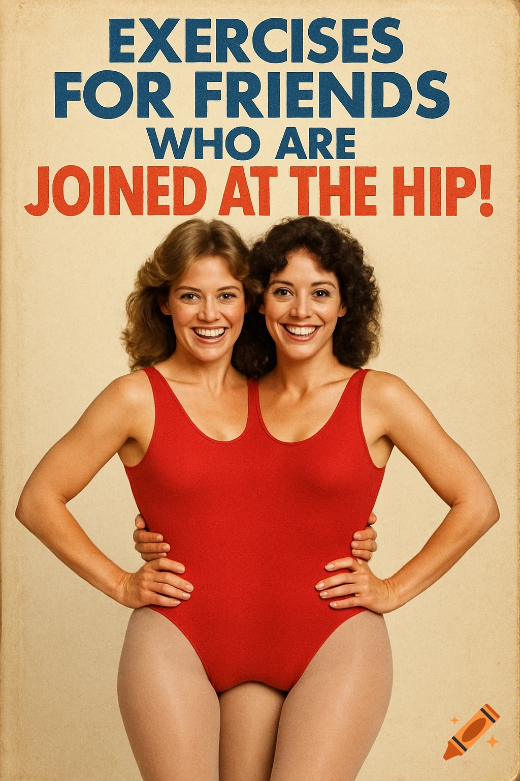 Two women in a red leotard and tights joined at the hip, posing for a vintage exercise book cover