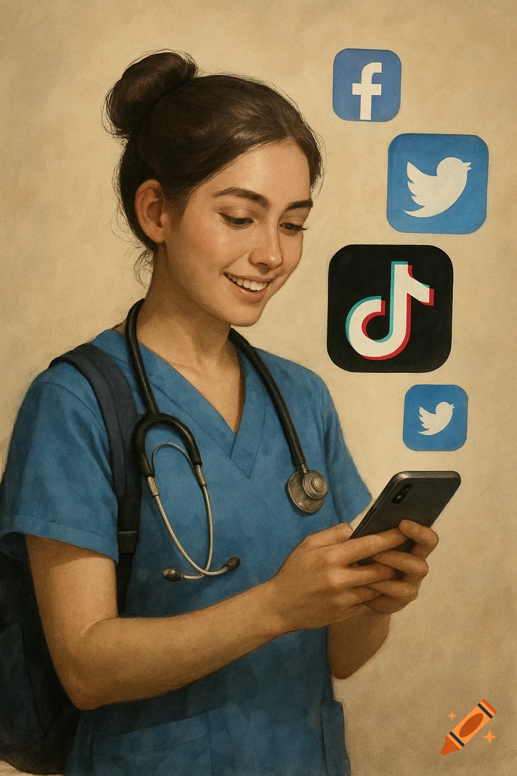 A young nurse in scrubs looks at her phone with social media logos floating around her. Digital painting.