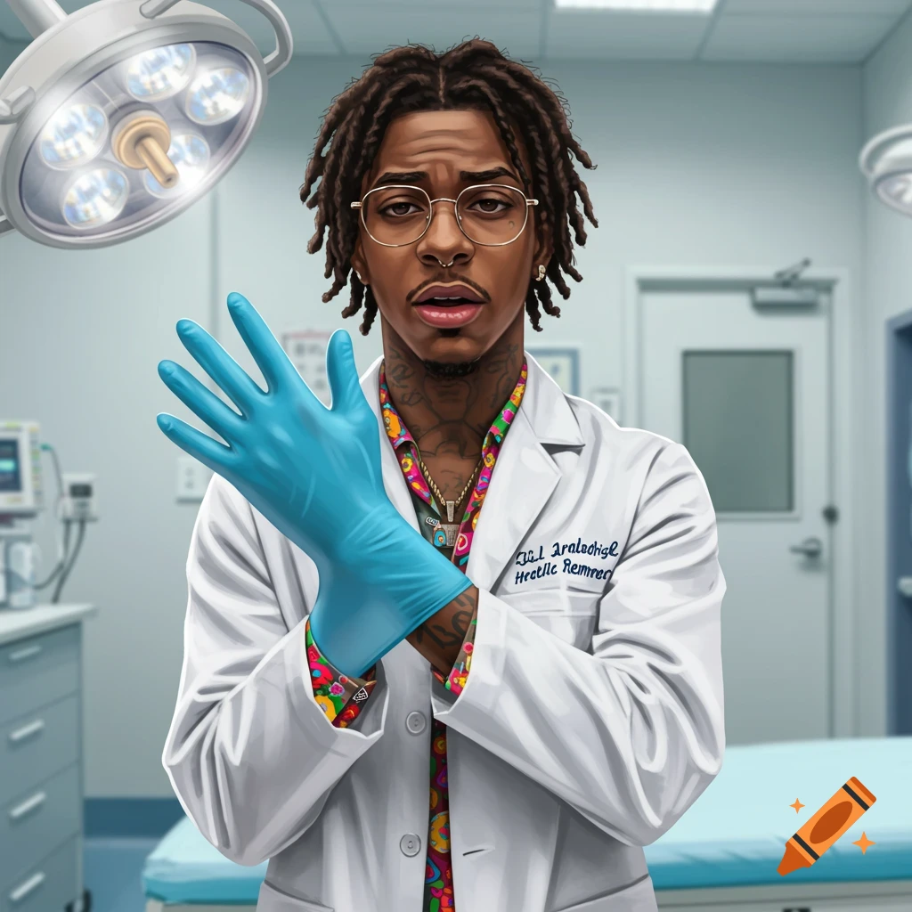 An illustration of a person with dreadlocks and glasses dressed as a doctor, putting on a blue medical glove in a hospital room.