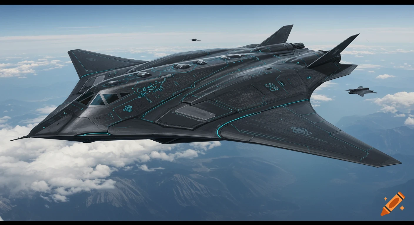 Large dark sci-fi aircraft flies over mountains and clouds with two smaller jets nearby.