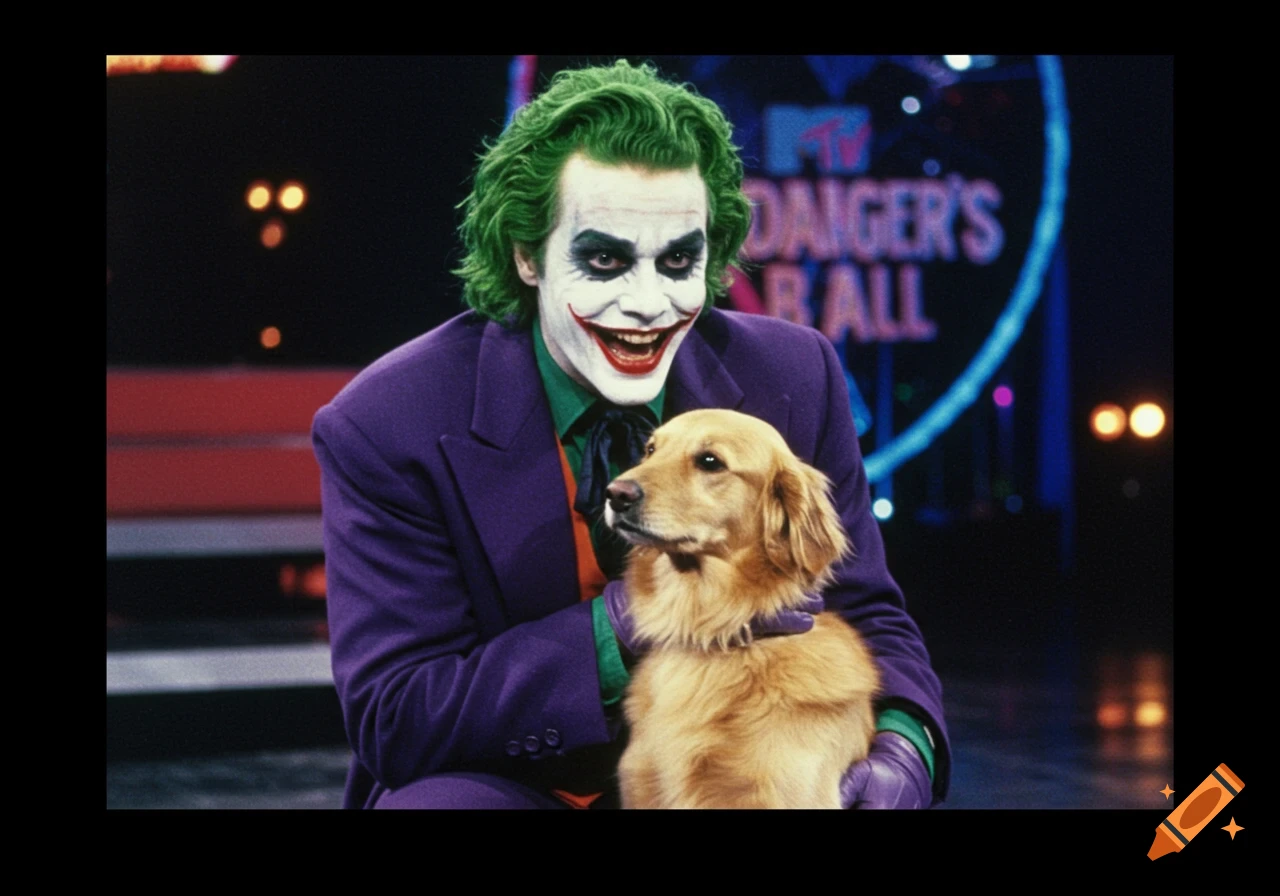 The Joker holds a Golden Retriever dog on a stage with an MTV logo in the background.