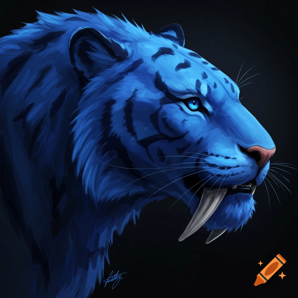 Digital illustration of a blue saber-tooth tiger's head in profile against a dark background.