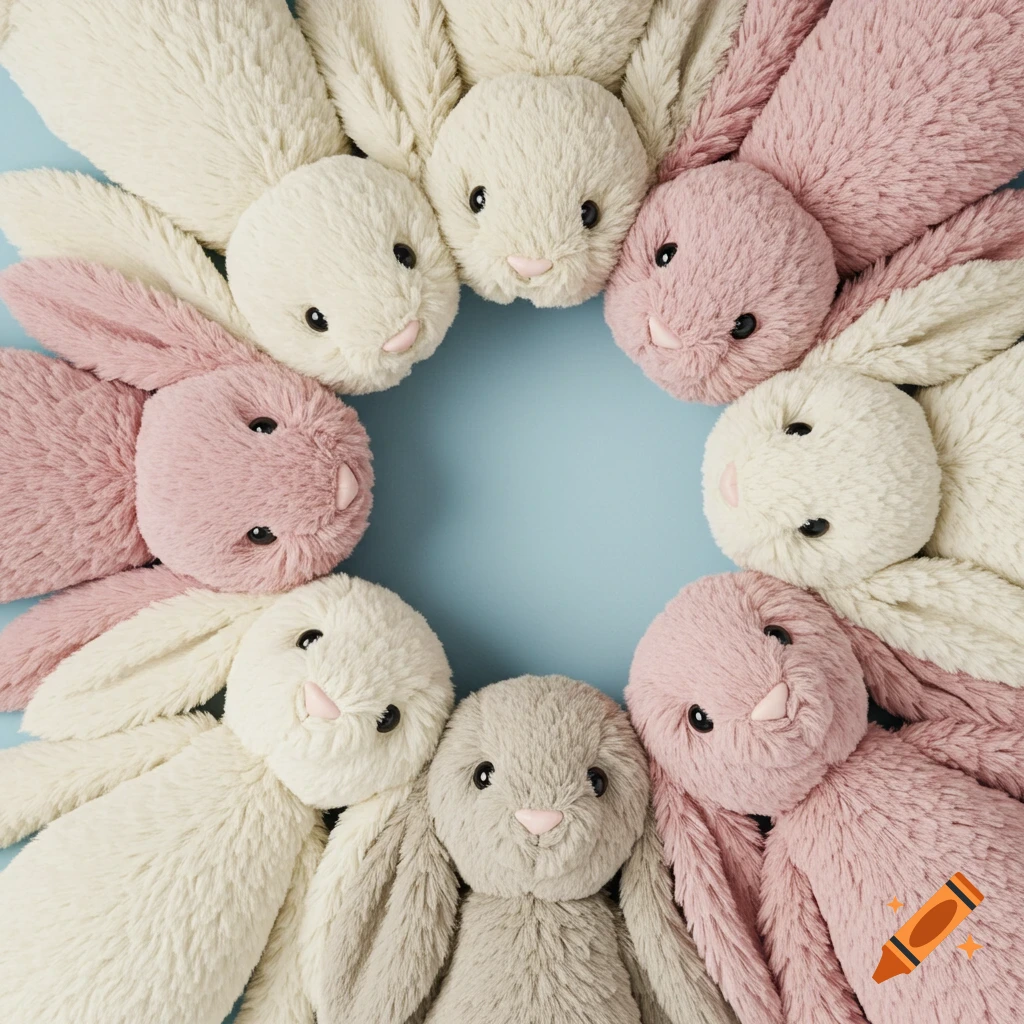 Plush white, pink, and grey bunnies arranged in a circle on a blue background.
