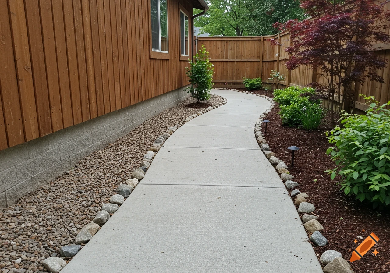 A curving concrete path alongside a house with river rock and mulch borders, landscaping, and a wooden fence.