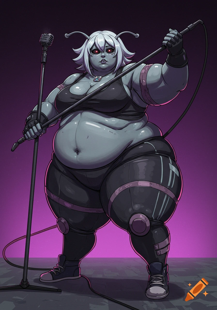 Illustration of a large, grey-skinned alien with white hair and red eyes, wearing black performance gear and holding a microphone stand like a weapon.