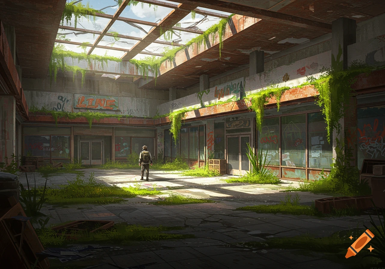 Person stands in a ruined shopping plaza overgrown with vegetation, concept art.